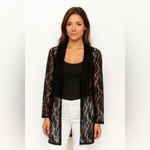 Boston Proper Women's Y2K Sheer Open Front Black Goth Whimsigoth Cardigan in S‎